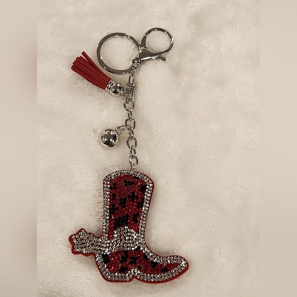 Red Rhinestone Cowgirl Boot Keychain Bag Charm - Picture 1 of 3